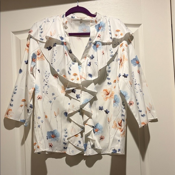 Temu Tops - Floral Ruffle Blouse - White with Blue and Orange Accents